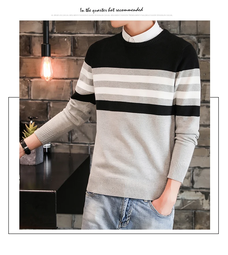 New Brand Casual Sweater Men O-Neck Striped Slim Fit Men Long Sleeve Patchwork Male Pollover Sweater Thin Clothes agasalho masc