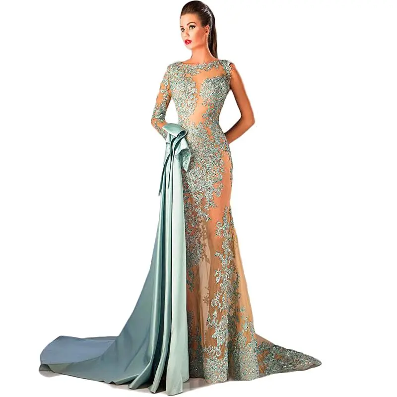 

Ever Pretty Prom Gowns For Party Kleider Abaya Women Evenings Dresses Nude Color Lace Applique One Sleeve Long Evening Dress