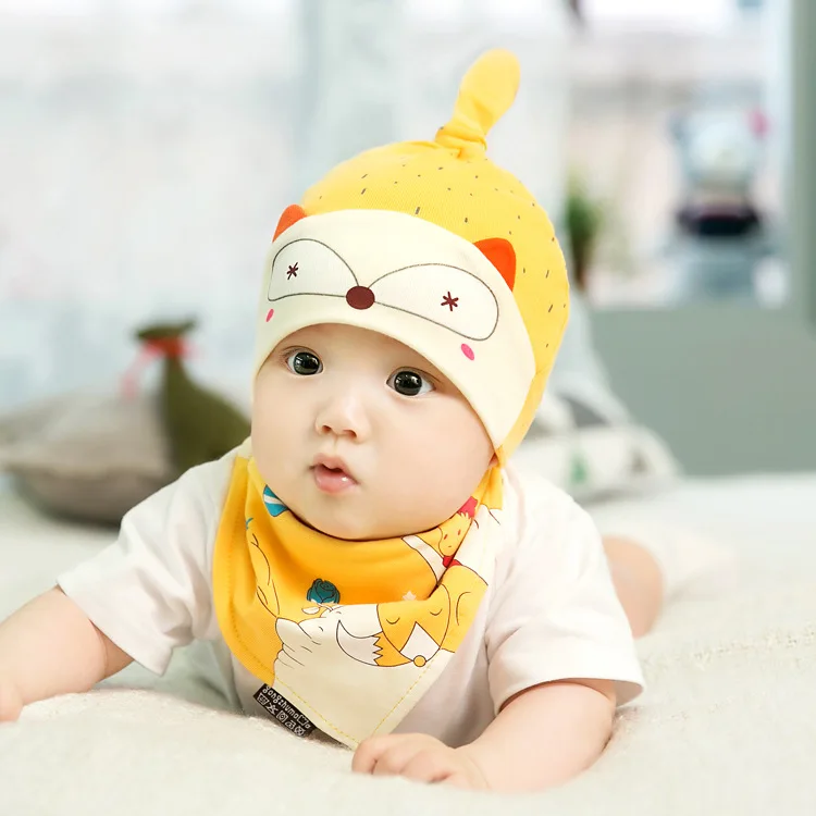 2 шт. шапочка для новорожденного нагрудник шарф комплект для малышей muts Милая лиса девочек кепки мальчиков muts хлопок мальчик девочка бандана нагрудники шапки+ sjaal костюмы - Цвет: Yellow