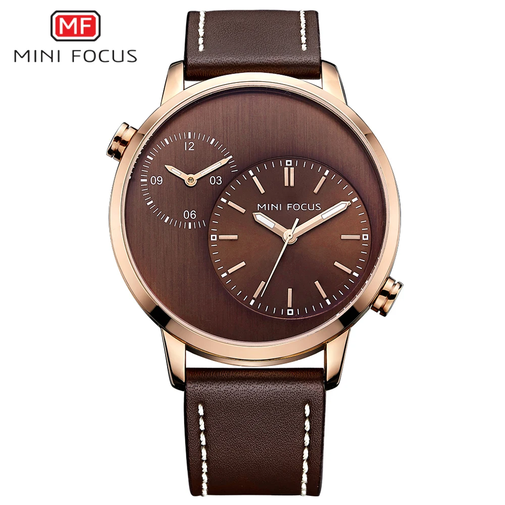 

MINI FOCUS Dual Display Men Quartz Watches Fashion Genuine Leather 3ATM Water-resistant Luminous Casual Man Wristwatch