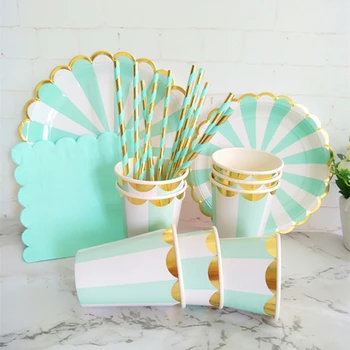 

24 Sets Scallop Mint Foil Gold Tableware Party Decor Setting Paper Plate Cup Napkin Straw for Wedding Birthday Baby Shower Party