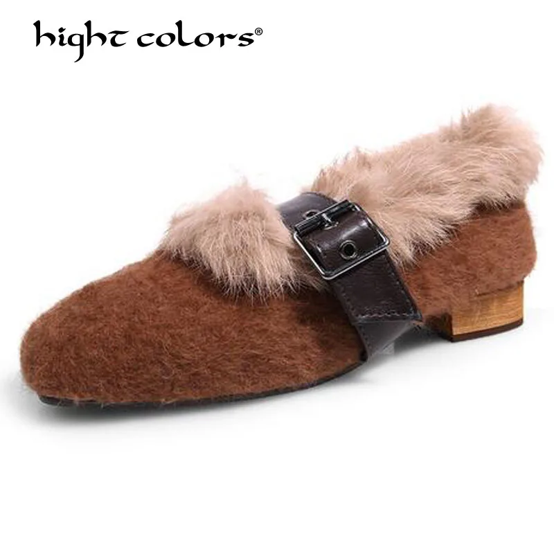 

Purple Brown Square Toe Pumps Short Plush Winter Med Heels Buckle Strap Gladiator Shoes Woman Casual Vintage Pump Shoes GGG-323