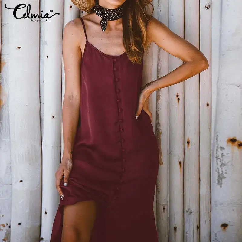 

Sexy Women Dress 2019 Summer Spaghetti Straps Solid Casual Slim Midi Dresses Button Sleeveless Clubwear Party Vestidos Plus Size