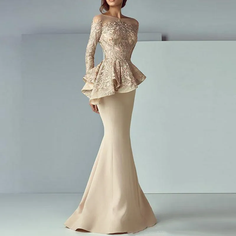 abendkleider Evening Gown Khaki Full Sleeves Mermaid Evening Dresses Peplum abiye Robe De Soiree Elegant Evening Dress Long