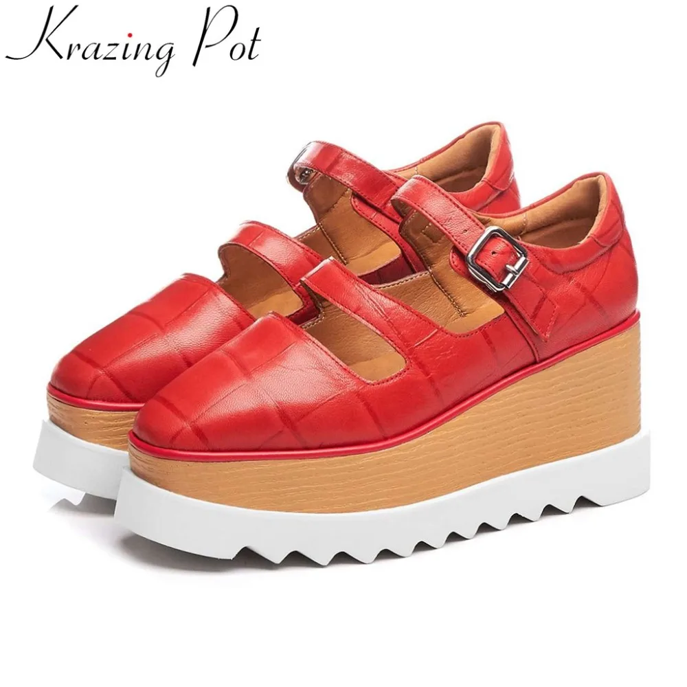 

Krazing Pot punk style cow leather buckle strap classic square toe wedges platform high fashion high bottom increased pumps L19