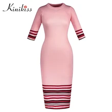 Kinikiss Для женщин Полосатый Розовый Платья-свитеры осень 2017 г. красочные Половина рукава плотно вязаное платье Элегантный О-образным вырезом Платья-свитеры