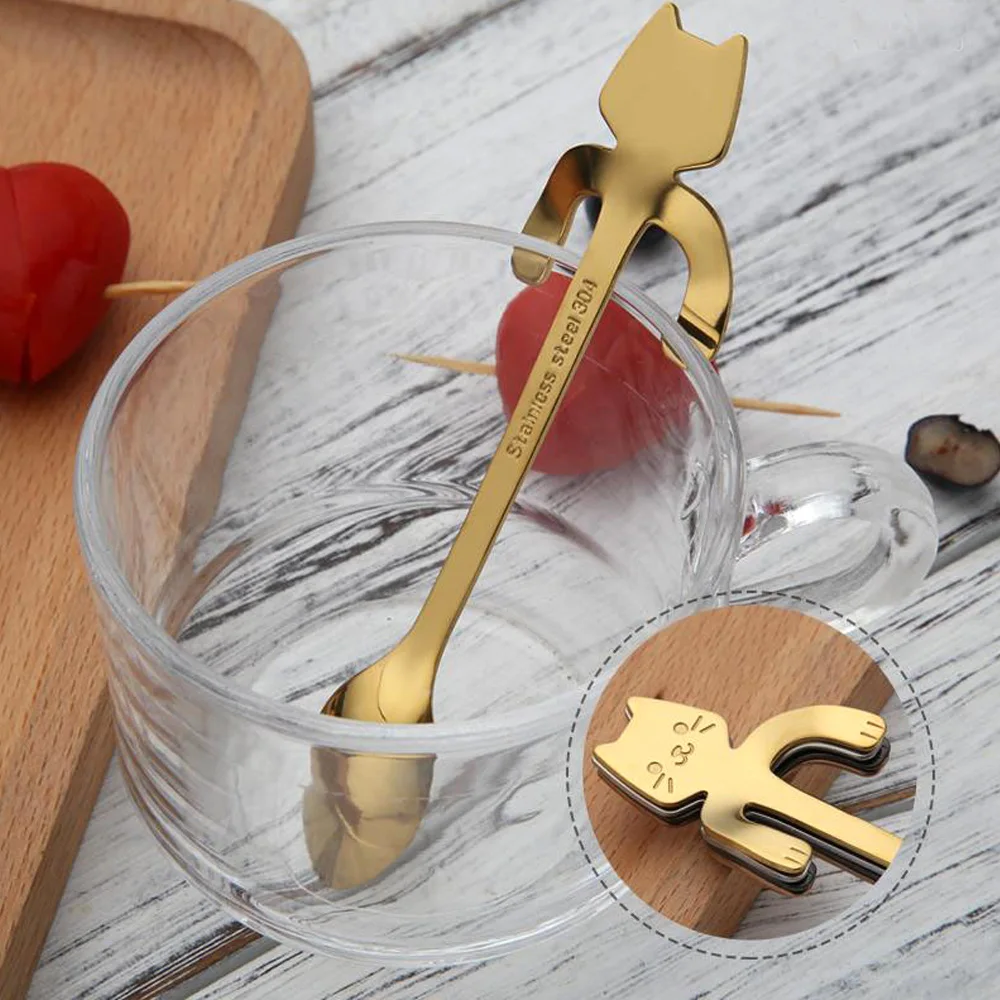 2pcs/lot Stainless Steel Coffee Tea Spoon Cute Cat Long Handle Creative