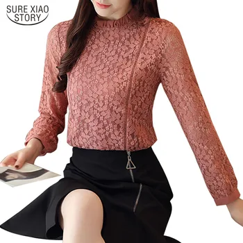 

2019 Autumn New Korean Red Long Sleeve Lace Hollow Out Women Blouse Casual Loose Solid Elegant womens tops and blouses 1363 45