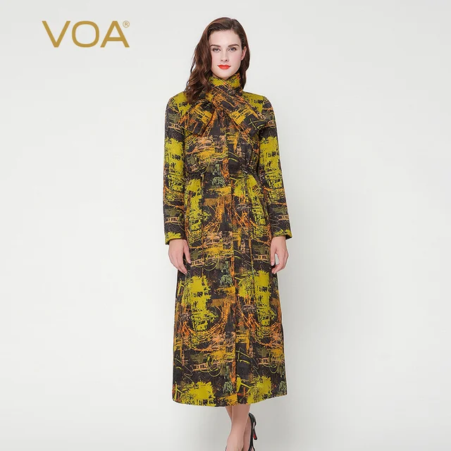 Best price at $311 Cheap Yellow color x long waist drawstring parkas european fashion scarf collar printed silk down ladies winter coat M7290