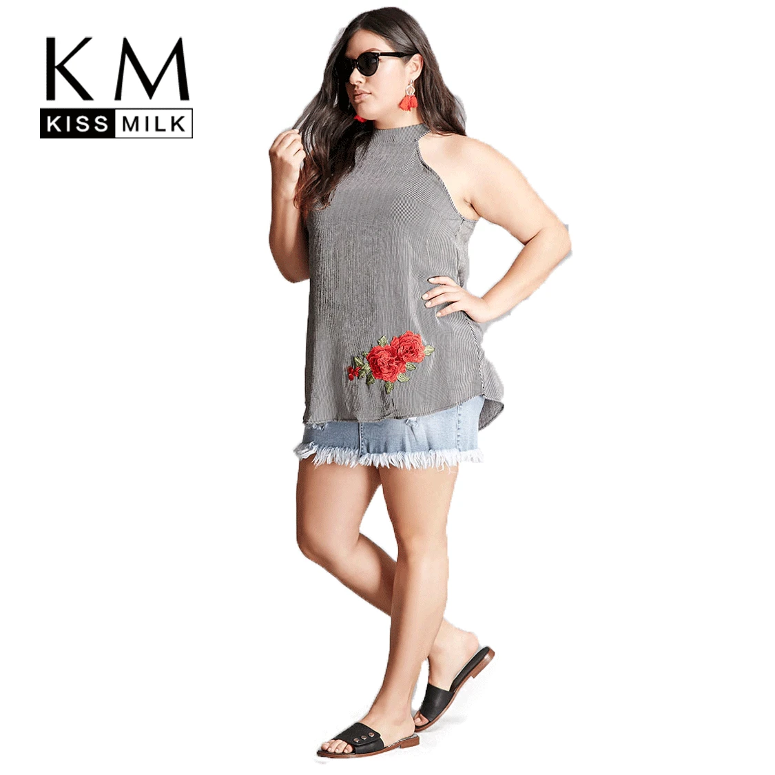 

Kissmilk Plus Size 2017 Fashion Summer Flower Embroidery Top Women's Sleevless Top Fashion Gray Striped Mock Neck Top