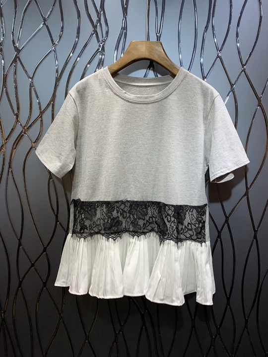 

2019 summer new women's wild short-sleeved hem stitching lace top