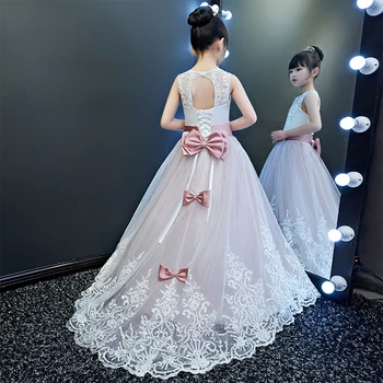 

2018 Spring New Elegant Children Girls Birthday Evening Party Long Mesh Dress With Bow Decoration Kids Model Show Host Dress