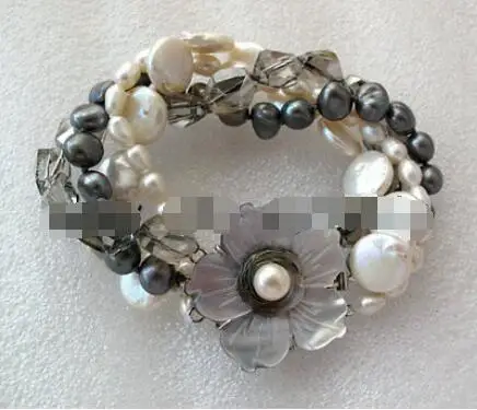 

Free Shipping >> new hot 4Strands White Rice Coin&Black Baroque Freshwater Pearl&Crystal Bracelet 8