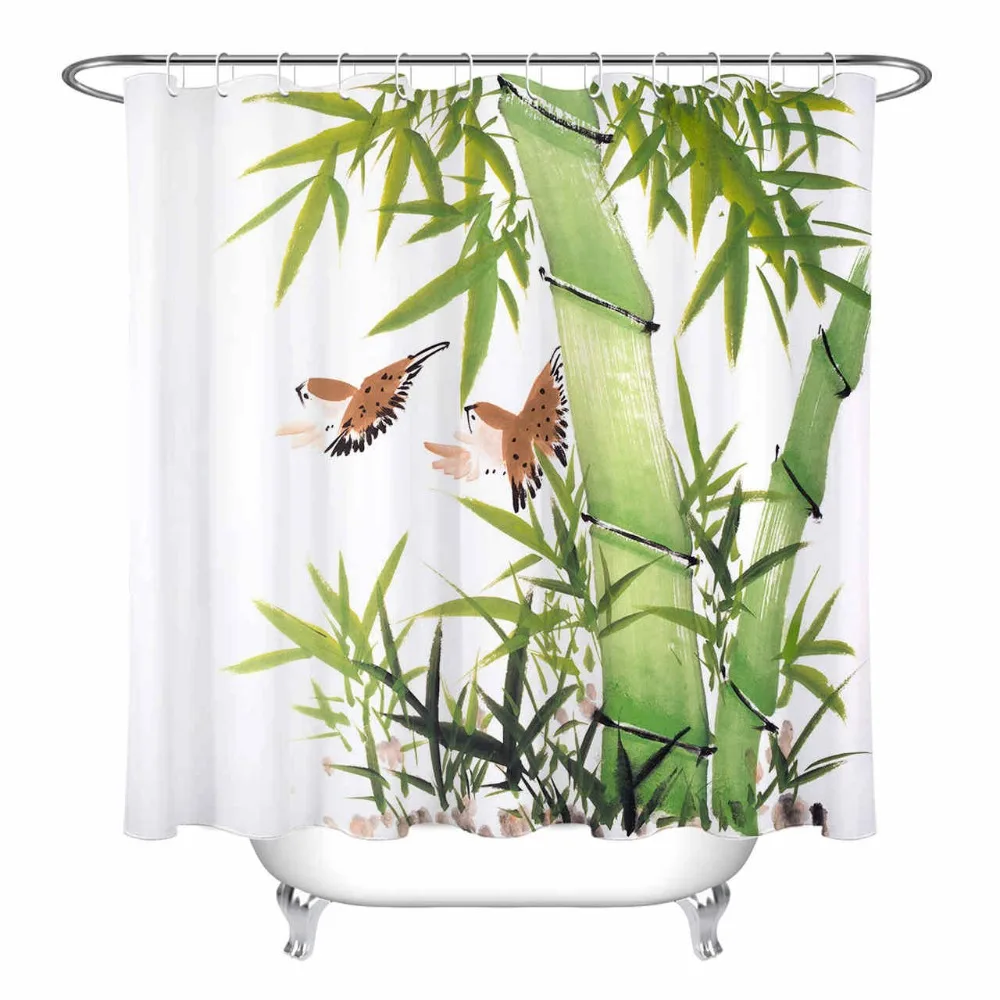 79'' Watercolor Green Bamboo Shower Curtain Birds Bathroom Extra Long
