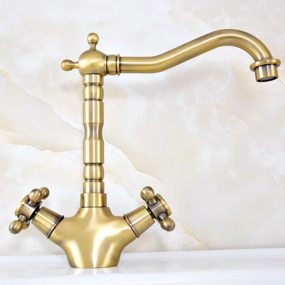 Vintage Retro Antique Bronze Dual Cross Handles Bathroom Kitchen Basin Sink Faucet Mixer Tap Swivel Spout Deck Mounted msf126