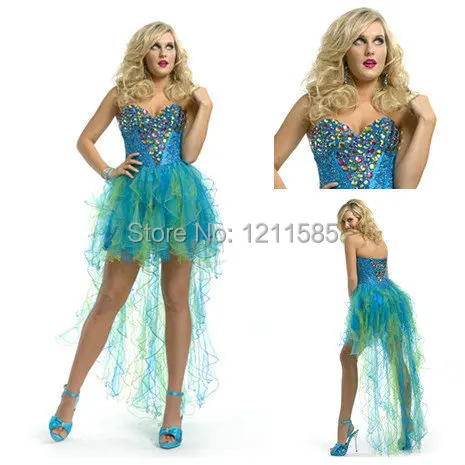 New Designer Sweetheart Crystal Beaded Ruffled Organza Homecoming Gowns High Low Asymmetric Long Graduation Dresses 2014 | Свадьбы и