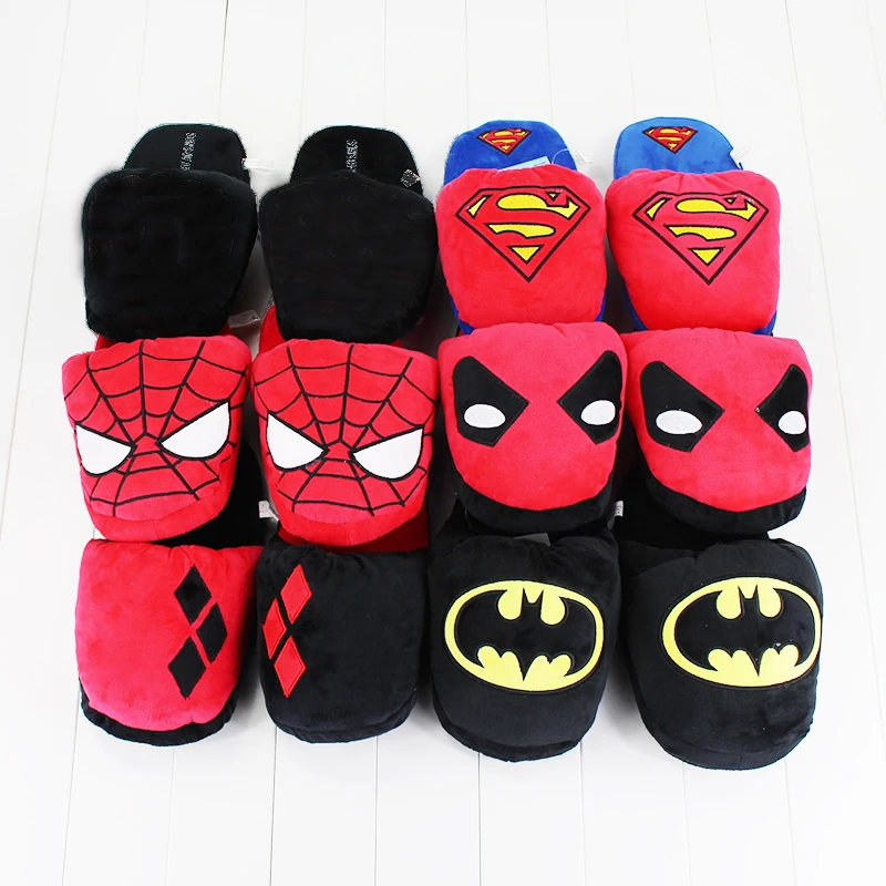 

28cm Cartoon Slippers Superman Batman Spiderman Deadpool Harley Quinn Plush Stuffed Slippers Winter Indoor Shoes