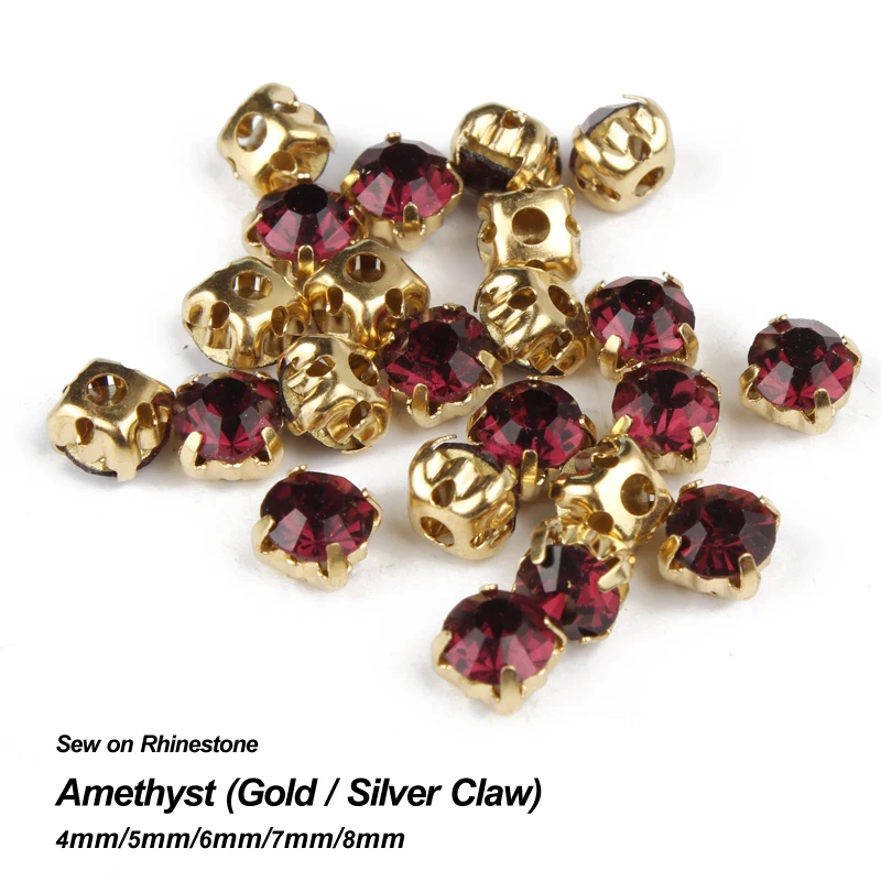 

Amethyst Sew on Rhinestone Gold/Silver claw base strass 4mm/5mm/6mm/7mm/8mm use for DIY accessories