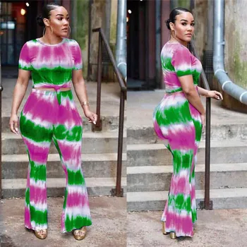 

Fashion Two Pieces Women Gradient Print Short Sleeve Crop Top Slim Knot T Shirt+Wide Legs Pants 2Pcs Sets Sexy Club Casual Suit