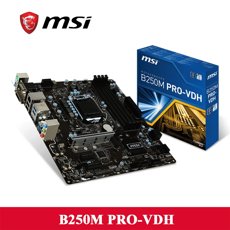 MSI PC B250M PRO-VDH использоваться для настольных ПК с розеткой LGA1150 Core i3/i5/i7 DDR4 M-ATX DVI-D/ HDMI