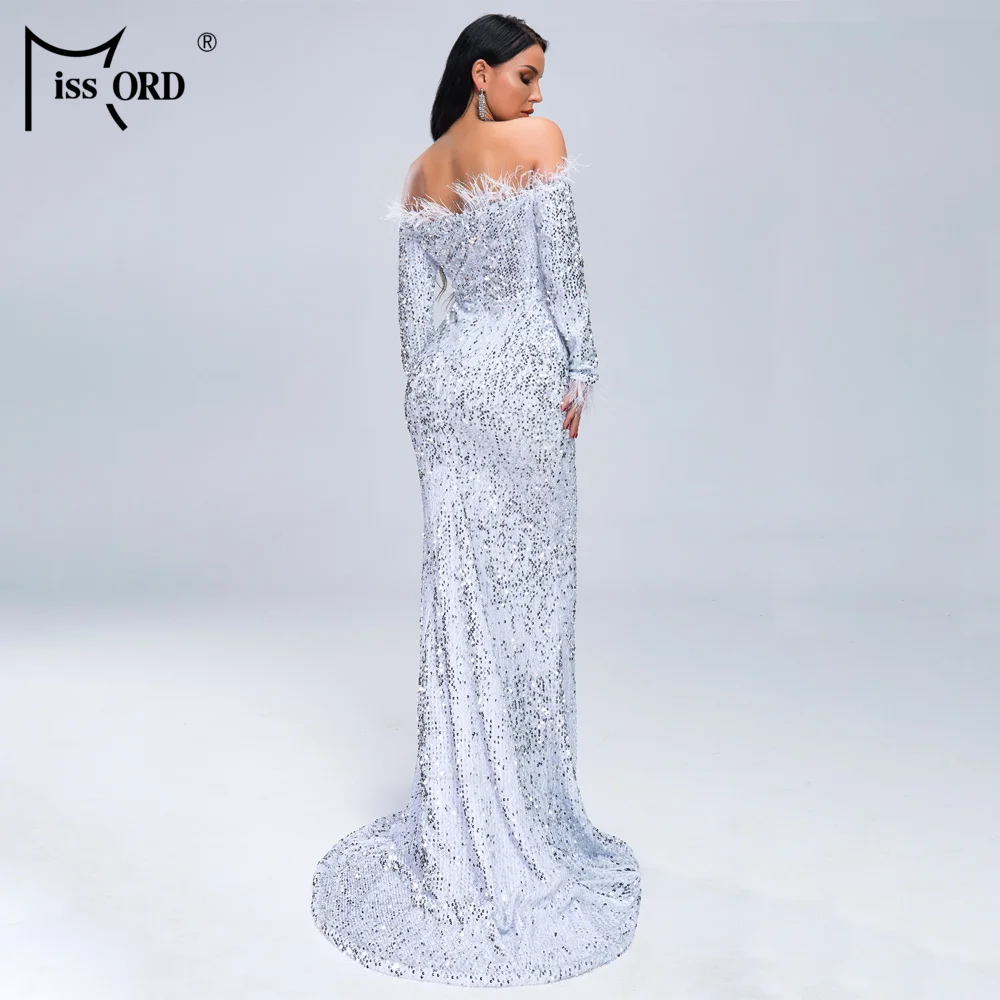 Missord 2019 женское сексуальное с открытыми плечами перо длинным рукавом блесток в