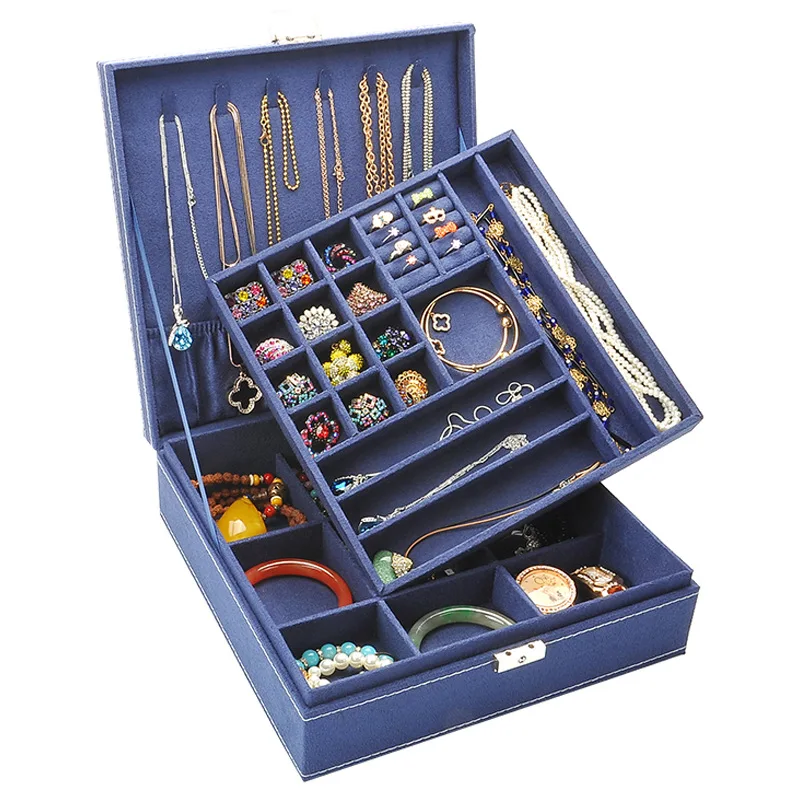 

High-capacity Wood Double-deck Portable Jewel case Square Lint Makeup Cosmetic organizer box Earrings Ring Necklace Jewel box