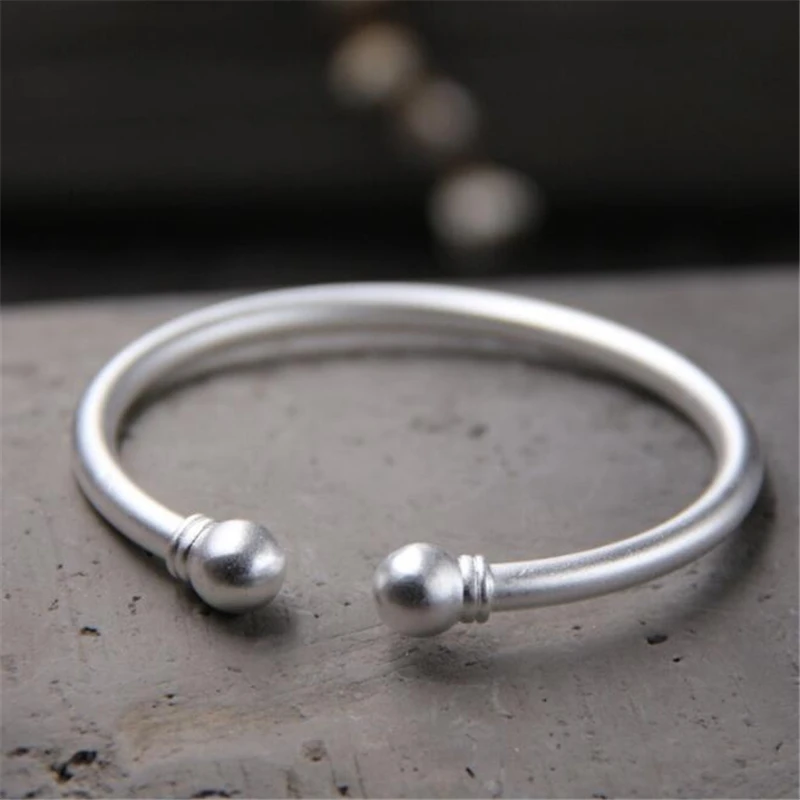

New Wedding Jewelry 999 Sterling Silver Open Cuff Bracelets Simple Double Silver Ball Beads Adjustable Bangles Women