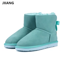 JXANG Мода Природа из натуральной кожи на меховой подкладке для девочек короткие ботильоны женская зимняя обувь; зимние сапоги на плоской подошве размеры 34–44