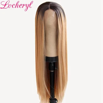 

Lvcheryl Hand Tied Ombre Brown To Ash Blonde Color Long Straight Heat Resistant Fiber Hair Synthetic Lace Front Wigs