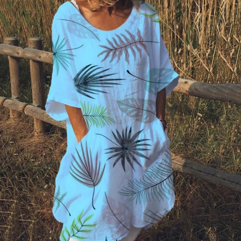 Женские Boho короткий рукав летнее платье Вечерние праздник пляжная рубашка платье