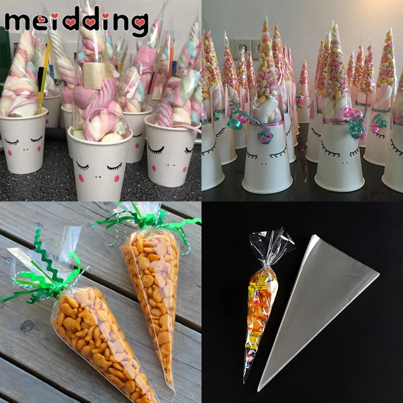 

Clear Cone Bags 50pcs Cellophane Triangle Shaped Treat Bags with Gold Twist Ties for Snacks Candy Cookies Popcorn DIY Favors