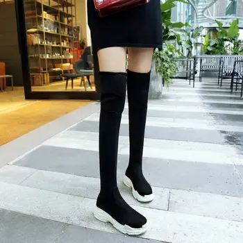 

LDHZXC Women Knee High Boots Solid Black White Pu Leather Fashion Slip on Keep Winter and Autumn Women Boots Size 34 45 46