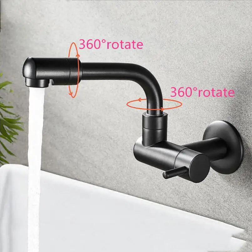

360 Degree Rotating Black Brass Long Faucet Into The Wall Single Cold Balcony Laundry Pool Mop Pool Tap