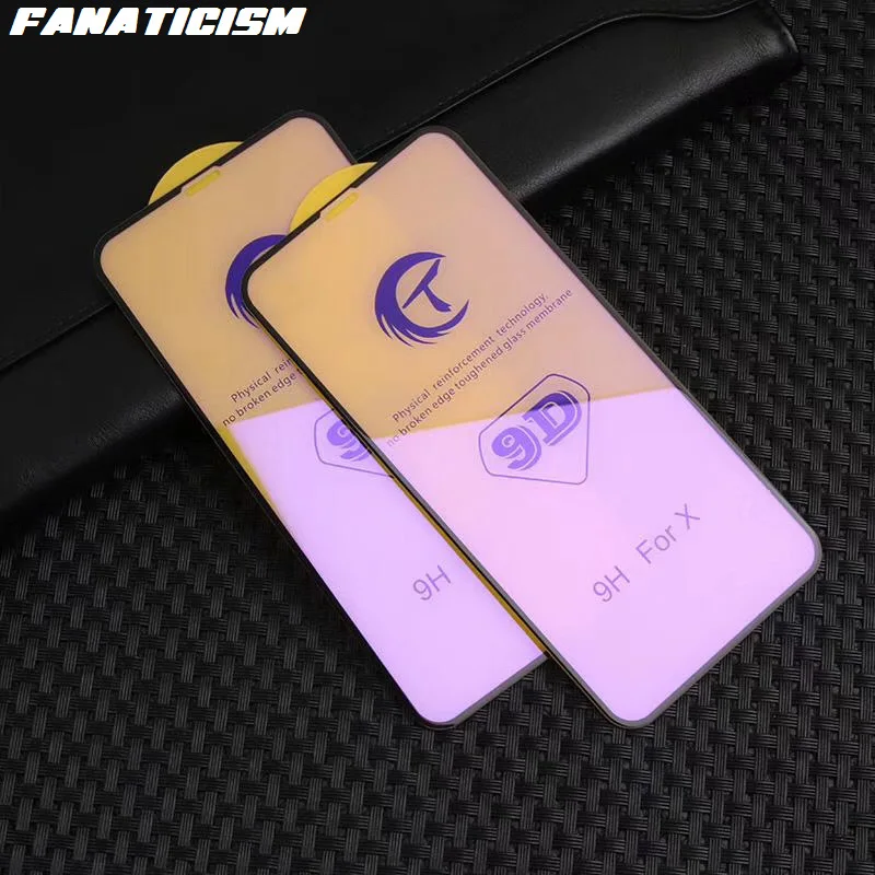 100pcs 9D Full Cover Tempered Glass For iPhone 6 7 8 Plus Anti-Blue Purple Light Screen Protector For iPhone11 Pro XR XS Max
