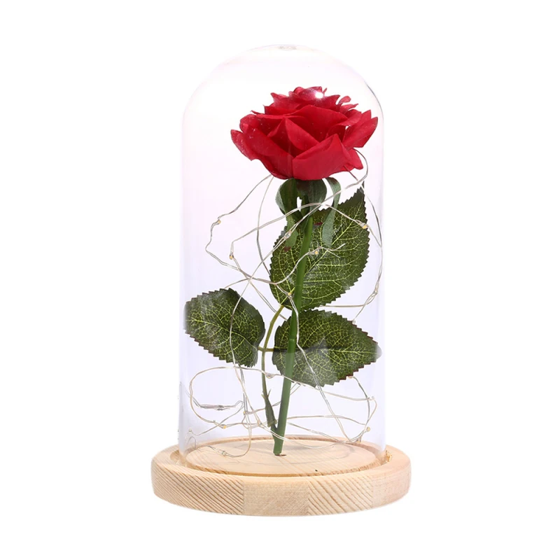 Светодиодный светильник в виде розы с стеклянной крышкой, медный светильник с USB, деревянная основа, искусственная Роза на День святого Валентина, подарок на день матери - Цвет: beige