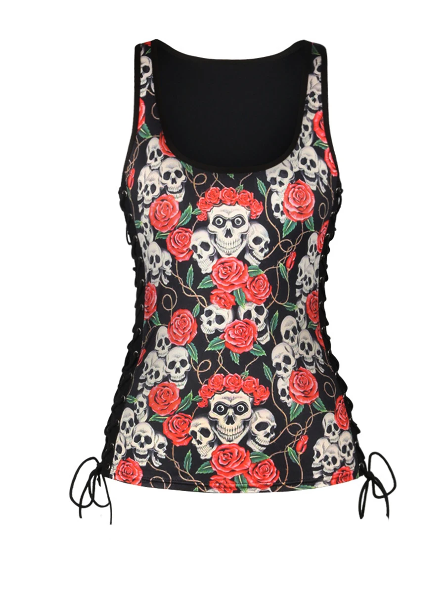 2018 Gothic tank top women Summer Punk Floral Rose Skull printed Top