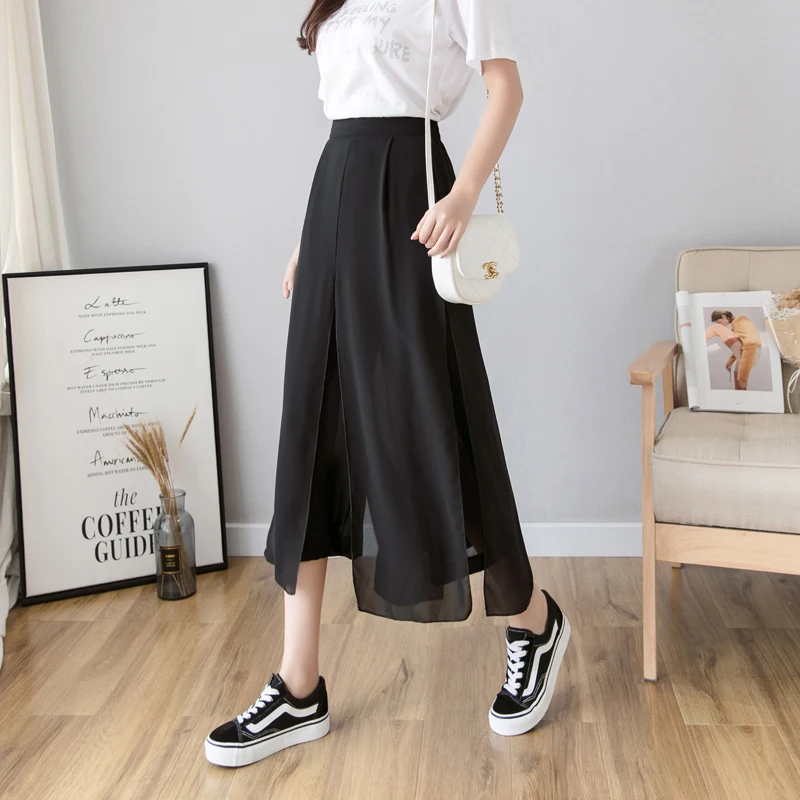 Elegant women summer pants wide leg elastic high waist split trousers casual streetwear fashion female palazzo pants Elegant women summer pants wide leg elastic high waist split trousers casual streetwear fashion female palazzo pants