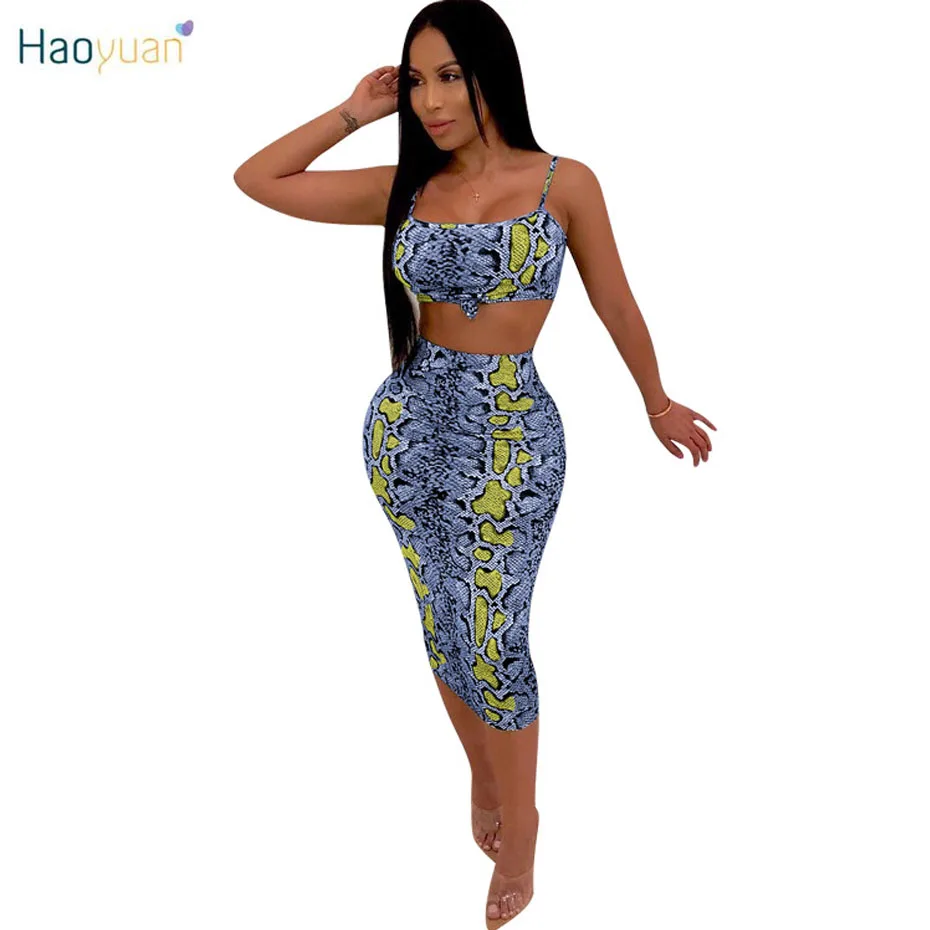 

HAOYUAN Snake Print Sexy Club Outfits Two Piece Set Women Clothes Crop Top and Midi Skirt Track Suit Summer 2 Pcs Matching Sets