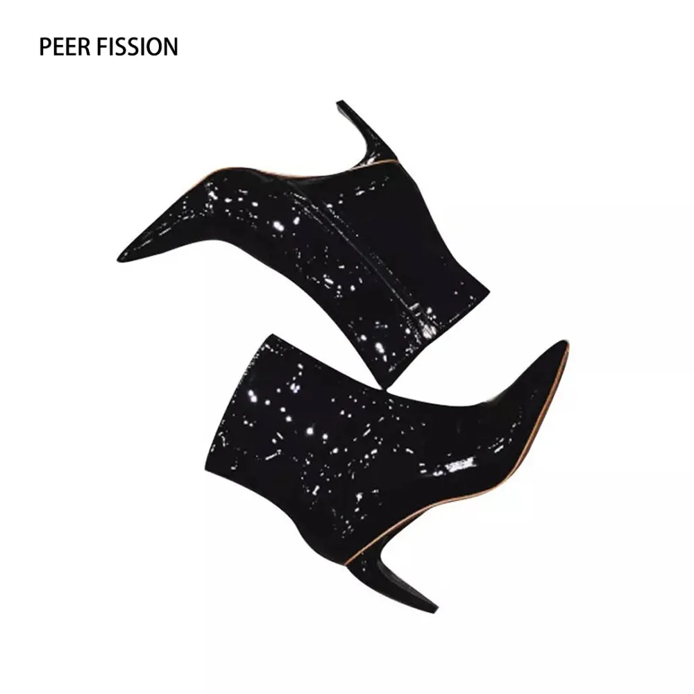 

2018 Fall Fashion Patent Leather Pointed Toe Special-shaped High Heel Side Zipper Women Ankle Boots