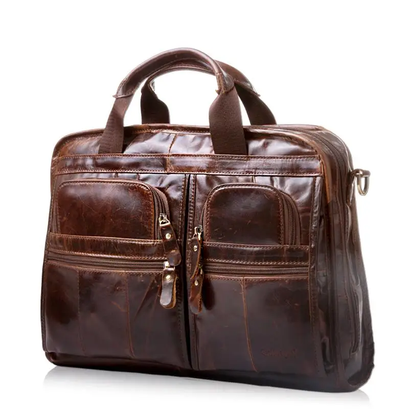 

Genuine Leather Wax Oil Head Layer Cowhide Men Business Briefcase Soft Handle Zipper Male Leather Laptop Vintage Portfolio Bag