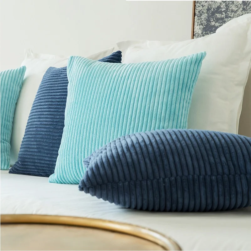 

High Quality Soft Velvet Cushion Cover Solid Pillow Case Corduroy Flocking Stripe Yellow Gray Pink Home Decorative Pillow Covers