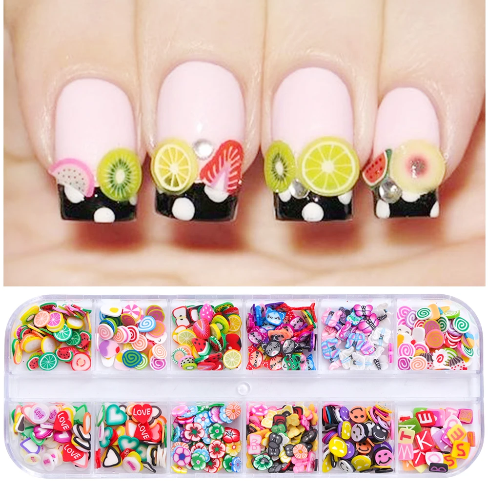

12 Grids/ Set Nail Decorations Fimo Slices Fruit Flower Heart Candy Mixed Designs Rhinestones Chameleon Stone For Nail Art TRRT