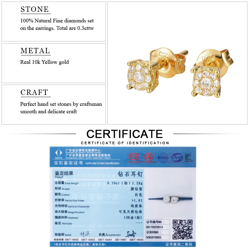 EDI Diamond Earrings in 10K Yellow Gold Clasic Brilliant 0.3cttw G/SI Diamond Halo Stud Earrings