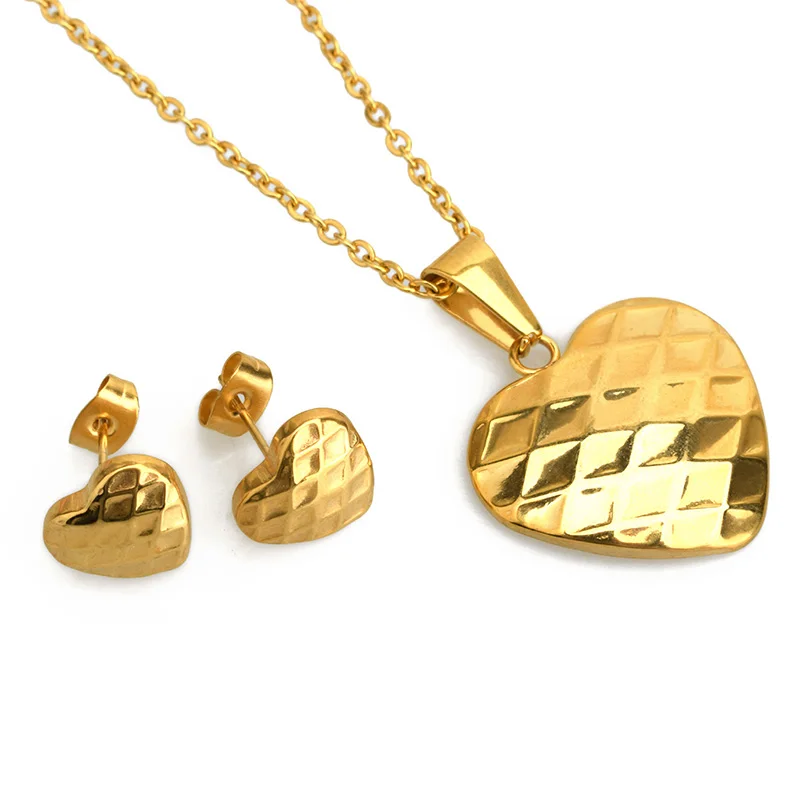 SOITIS Women Grid Pattern Heart Pendant Jewelry Sets Bling Grin Shape Earrings Necklace Stainless Steel Gold Color Chain | Украшения и