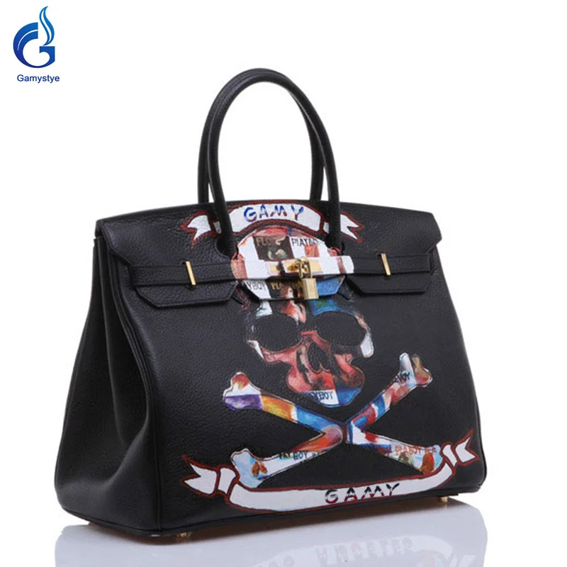 

GAMYSTYE Graffiti Custom Women luxury Bags Hand Painted bags painting color Graffiti totes rock skull Female women leather bags