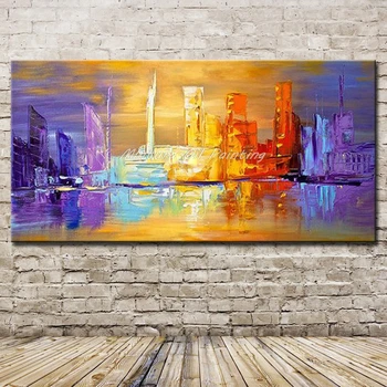 

Arthyx Big Size Hand Painted City Building Landscape Oil Painting on Canvas Modern Wall Picture Poster For Home Decor No Framed
