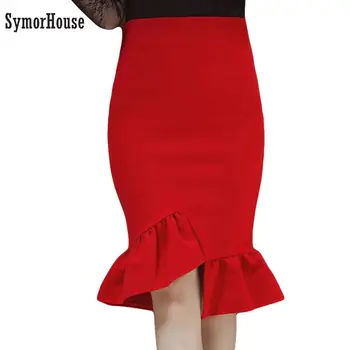 

Red Black Women Pencil Skirts Faldas High Waist Ruffles Asymmetrical Hem Female Clothes Knee-length Ladies Trumpet Skirts women