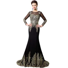 Black Gold Lace Long Mermaid Evening Dresses 2016 Long Sleeve Robe De Soiree Ribbon Lace Up Prom Party Dresses Real Photo XU040