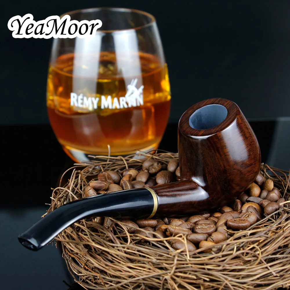 Baratos Nuevo tubo de fumar Vintage hecho a mano 9mm filtro doblado de madera pipa de madera de ébano pipa de tabaco 10 herramientas accesorio de fumar