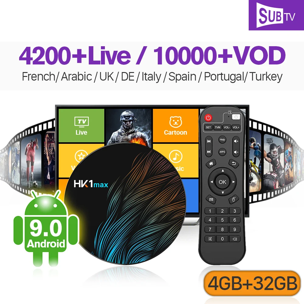 

IPTV France Arabic Canada Italian Box SUBTV HK1 MAX Android 9.0 4G+32G Code IP TV Subscription SUBTV Receiver France IPTV French